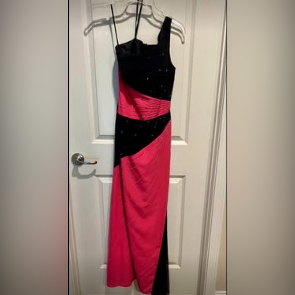 Precious Formals Black and Hot Pink One-Shoulder Evening Gown
